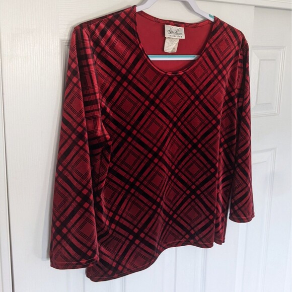 Vintage Plaid Velvet Shirt Red Black Top M Medium Kathie Lee 90s Punk Stretchy - Picture 6 of 9
